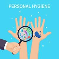 Hands with bacteria, microbes, virus, germs and magnifying glasses. Personal hygiene. Vector flat design