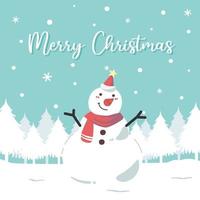 Cute Christmas card with snowman smiling happily in the forest covered with snow vector illustration. Merry Christmas and happy new year greeting card, banner, poster.
