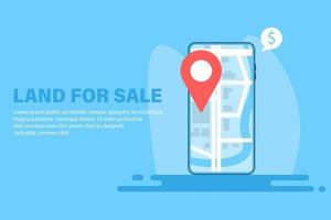 Land for sale banner. Phone with location on map and point vector