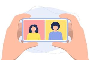 Guy and a girl are having a conversation through a video call. vector