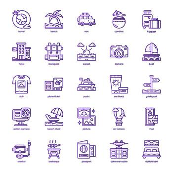 paquete de iconos de vacaciones y viajes para el diseño de su sitio web, logotipo, aplicación e interfaz de usuario. icono de vacaciones y viajes diseño de gradiente de línea básica. ilustración de gráficos vectoriales y trazo editable. vector