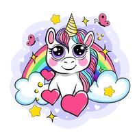 hermoso unicornio en el fondo del arco iris, ilustración vectorial vector