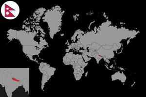 pin mapa con bandera de nepal en el mapa mundial. ilustración vectorial vector
