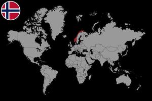 pin mapa con bandera noruega en el mapa mundial. ilustración vectorial vector