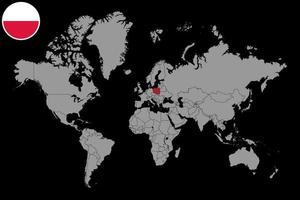 Pin map with Poland flag on world map. Vector illustration.