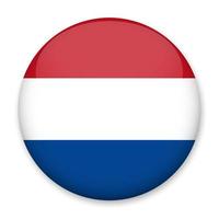 Flag of Netherlands in the form of a round button with a light glare and a shadow. The symbol of Independence Day, a souvenir, a button for switching the language on the site, an icon.