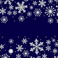 Christmas pattern made of white snowflakes and golden dots, vector winter seamless dark blue background with snow, xmas design holiday illustration.