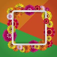 fondo floral de felicitación de primavera. flores de papel festivas en un marco de luz cuadrado. fondo verde y naranja de moda. tarjeta de felicitación vectorial con vacaciones el 8 de marzo, día de la madre, cumpleaños. vector