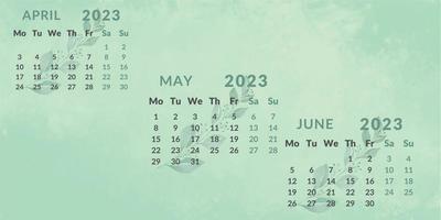 Calendar 2023 by quarters. Months april may june. vector