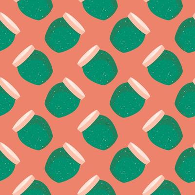 Green jar with dots,seamless pattern on orange background.