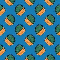 cactus en una olla, patrón sin costuras sobre fondo azul. vector