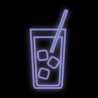 Bright luminous violet neon sign for cafe bar restaurant pub beautiful shiny with an alcoholic cocktail with a straw in a glass on a black background. Vector illustration