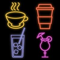 Set of bright luminous multi-colored neon signs for a cafe restaurant bar beautiful shiny with cocktails and drinks tea coffee on a black background. Vector illustration