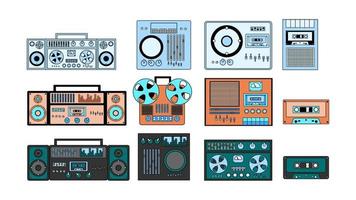 Set of bleautiful old retro vintage hipster musical electronics equipment audio cassette recorder with magnetic tape, dj console from 70s, 80s, 90s. Vector illustration