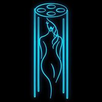 Bright luminous blue neon sign for a tanning salon of a beauty salon and a tanning beautiful brilliant beauty spa with a woman sunbathing on a black background. Vector illustration