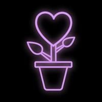 Bright luminous purple festive digital neon sign for a store or card beautiful shiny with a love flower with a heart in a pot on a black background. Vector illustration