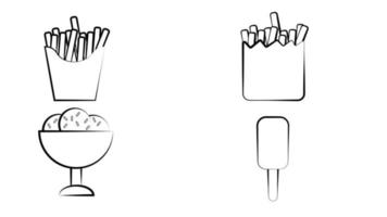 iconos de esbozo de tiza de comida rápida en la pizarra. snacks, postres, bebidas. papas fritas vectoriales aisladas en caja, porción de pizza, coca cola, hamburguesa con queso, hamburguesa, perrito caliente, cono de helado vector