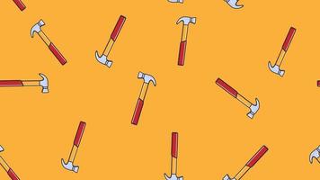 Texture, seamless pattern of metal red metalworking building repair hammers for hammering nails on a yellow background. Vector illustration