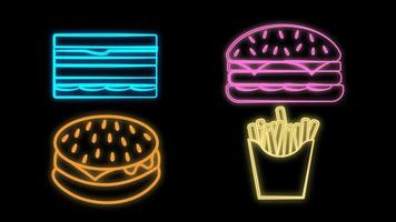 Sándwich de línea fija, palomitas de maíz en un tazón, taco con tortilla y hamburguesa y papas fritas en caja de cartón. iconos de color degradado. vector