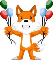 Fox with balloons, illustration, vector on white background.