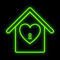 Bright luminous green festive digital neon sign for a store or postcard beautiful shiny with a love house with a heart on a black background. Vector illustration