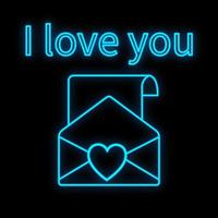 Bright luminous blue festive digital neon sign for shop or greeting card beautiful shiny with love letters with hearts and the inscription I love you on a black background. Vector illustration