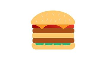 apetitosa hamburguesa con relleno sobre un fondo blanco, ilustración vectorial. hamburguesa doble con semillas de sésamo encima. doble relleno de carne con tomate y carne. almuerzo abundante y poco saludable vector