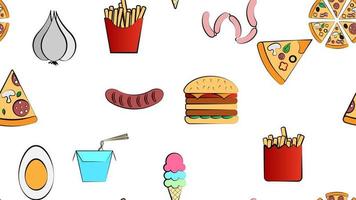 Endless white seamless pattern from a set of icons of delicious food and snacks items for a restaurant bar cafe burger, pizza, fries, ice cream, soda, noodles, sausage, garlic. The background vector