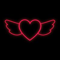 Bright luminous red festive digital neon sign for a store or greeting card beautiful shiny with love wings with a heart on a black background. Vector illustration