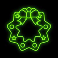 Glowing neon christmas sign with holly in circle frame. Christmas symbol web banner in neon style vector