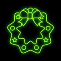 Glowing neon christmas sign with holly in circle frame. Christmas symbol web banner in neon style vector