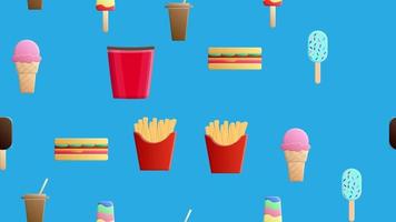 Endless blue seamless pattern of a set of delicious food and snack items icons for a restaurant bar cafe fries, sandwich, ice cream, coffee, popcorn. The background vector