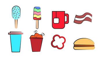 Set of eight icons of delicious food and snacks items for a restaurant bar cafe on a white background ice cream, tea, bacon, jalapeno pepper, chicken, soda, burger vector