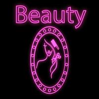 signo de neón púrpura luminoso brillante para un peluquero en un salón de belleza hermoso spa de belleza brillante con una mujer frente a un espejo sobre un fondo negro. ilustración vectorial vector