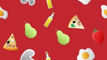 Endless red seamless pattern from a set of icons of delicious food and snacks items for a restaurant bar cafe pizza, mushrooms, strawberry, egg, pear, olive oil. The background vector