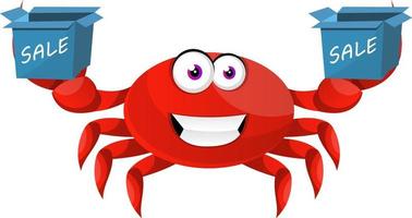 Crab with sale box, illustration, vector on white background.