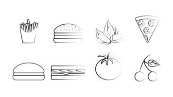 Black and white set of eight icons of delicious food and snacks items for a restaurant bar cafe on a white background fries, burger, pistachios, pizza, sandwich, tomato, cherry vector