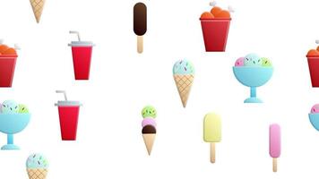 Endless white seamless pattern of delicious food and snack items icons set for restaurant bar cafe ice cream, chicken, soda. The background vector