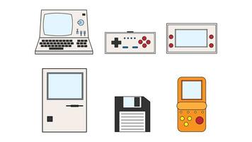 conjunto de viejas computadoras electrónicas de tecnología hipster vintage retro, pc, disquete, consolas de videojuegos portátiles de juegos de los años 70, 80, 90. ilustración vectorial vector