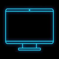 signo de neón digital azul luminoso brillante para tienda o centro de servicio de taller hermoso brillante con un moderno monitor de computadora lcd de pantalla plana sobre un fondo negro. ilustración vectorial vector