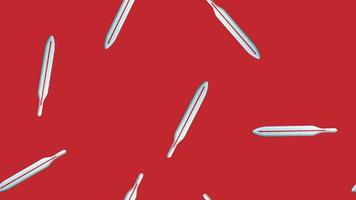 Endless seamless pattern of medical scientific medical items of glass mercury thermometers for measuring temperature on a red background. Vector illustration