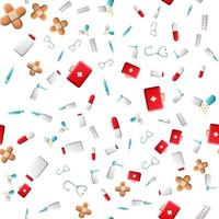 Endless seamless pattern of medical scientific medical items icons jars with pills capsules first aid kits and stethoscopes on a white background. Vector illustration