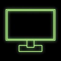 Bright luminous green digital neon sign for shop or workshop service center is beautiful shiny with a modern flat LCD computer monitor on a black background. Vector illustration