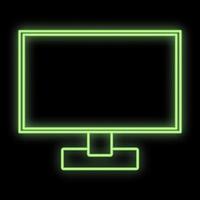 Bright luminous green digital neon sign for shop or workshop service center is beautiful shiny with a modern flat LCD computer monitor on a black background. Vector illustration