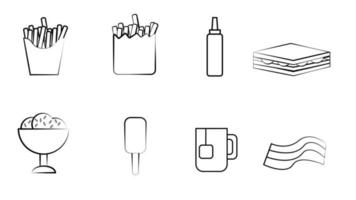 Black and white set of eight icons of delicious food and snacks items for a restaurant bar cafe on a white background fries, sandwich, ketchup, ice cream, tea, bacon vector