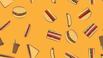 interminable patrón amarillo sin fisuras de un conjunto de íconos de deliciosa comida y bocadillos para un restaurante bar cafetería hamburguesa, sándwich, perrito caliente, café. el fondo vector