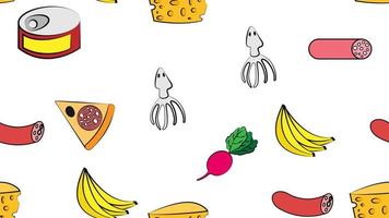 Endless white seamless pattern from a set of icons of delicious food and snacks items for a restaurant bar cafe sausage, bananas, radish, squid, cheese, canned food, pizza. The background vector