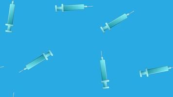 Endless seamless pattern of medical scientific medical items of pharmacological disposable sharp syringes for injections and vaccines on a blue background. Vector illustration