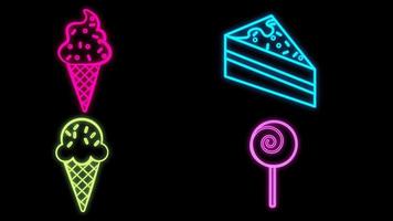 Set line Ice cream, in bowl, Lollipop and Donut. Glowing neon icon on brick wall. Vector