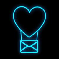 Bright luminous blue festive digital neon sign for a shop or workshop service center beautiful shiny with a love envelope in a heart-shaped balloon on a black background. Vector illustration